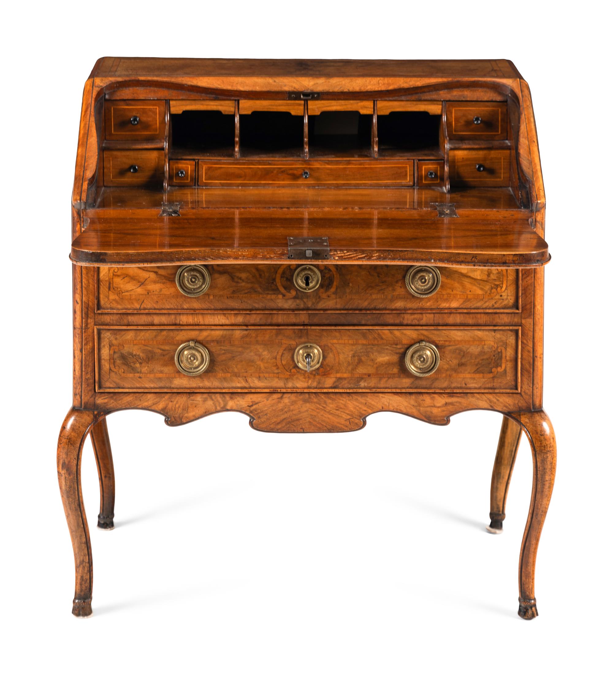 An Italian Walnut and Marquetry Slant-Front Bureau