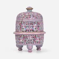 A Chinese famille rose-decorated reticulated three-part porcelain censer 粉彩镂雕香炉 Qianlong mark but later ??? ????