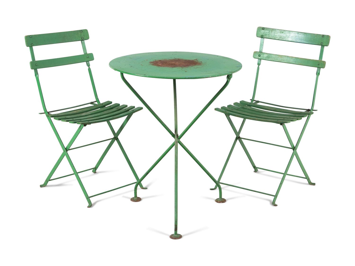 A Green Painted Metal and Wood Bistro Table and Two Chairs