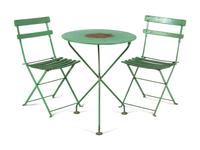 A Green Painted Metal and Wood Bistro Table and Two Chairs