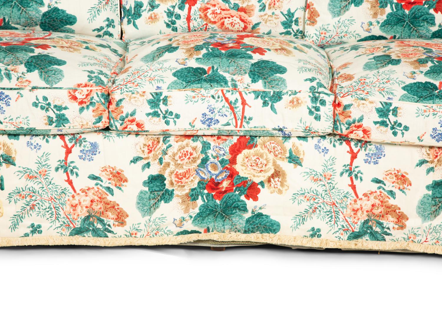 A Printed Cotton-Upholstered Three-Cushion Sofa, Club Chair and Ottoman