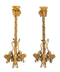 A Pair of Continental Gilt Bronze Candlesticks Height 12 1/2 inches. — 20TH CENTURY