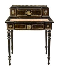 A Napoleon III Ebonized and Mother-of-Pearl Inset Work Table Height 36 3/4 x width 29 1/2 x depth 19 inches. — 19TH CENTURY