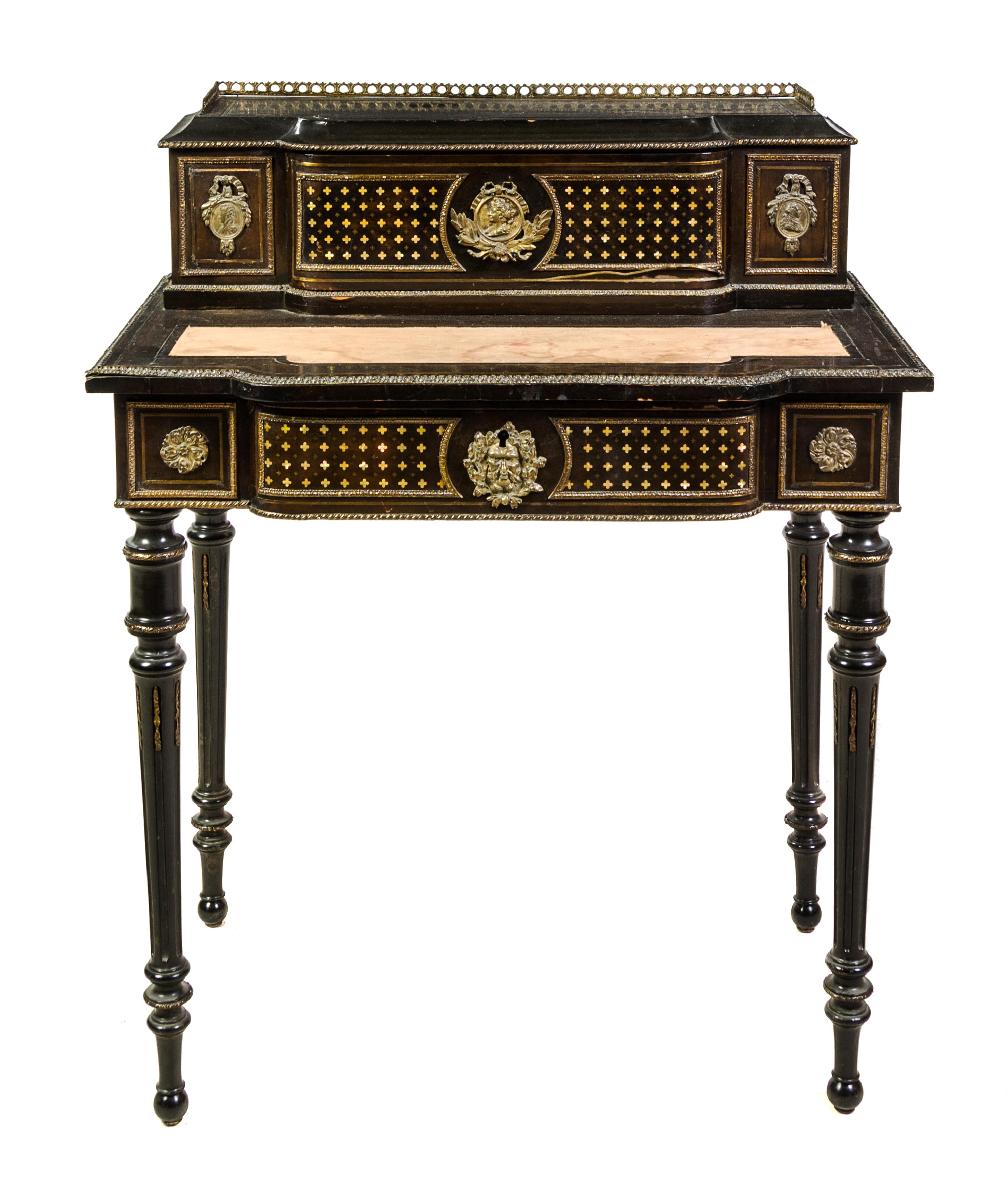 A Napoleon III Ebonized and Mother-of-Pearl Inset Work Table Height 36 3/4 x width 29 1/2 x depth 19 inches. — 19TH CENTURY