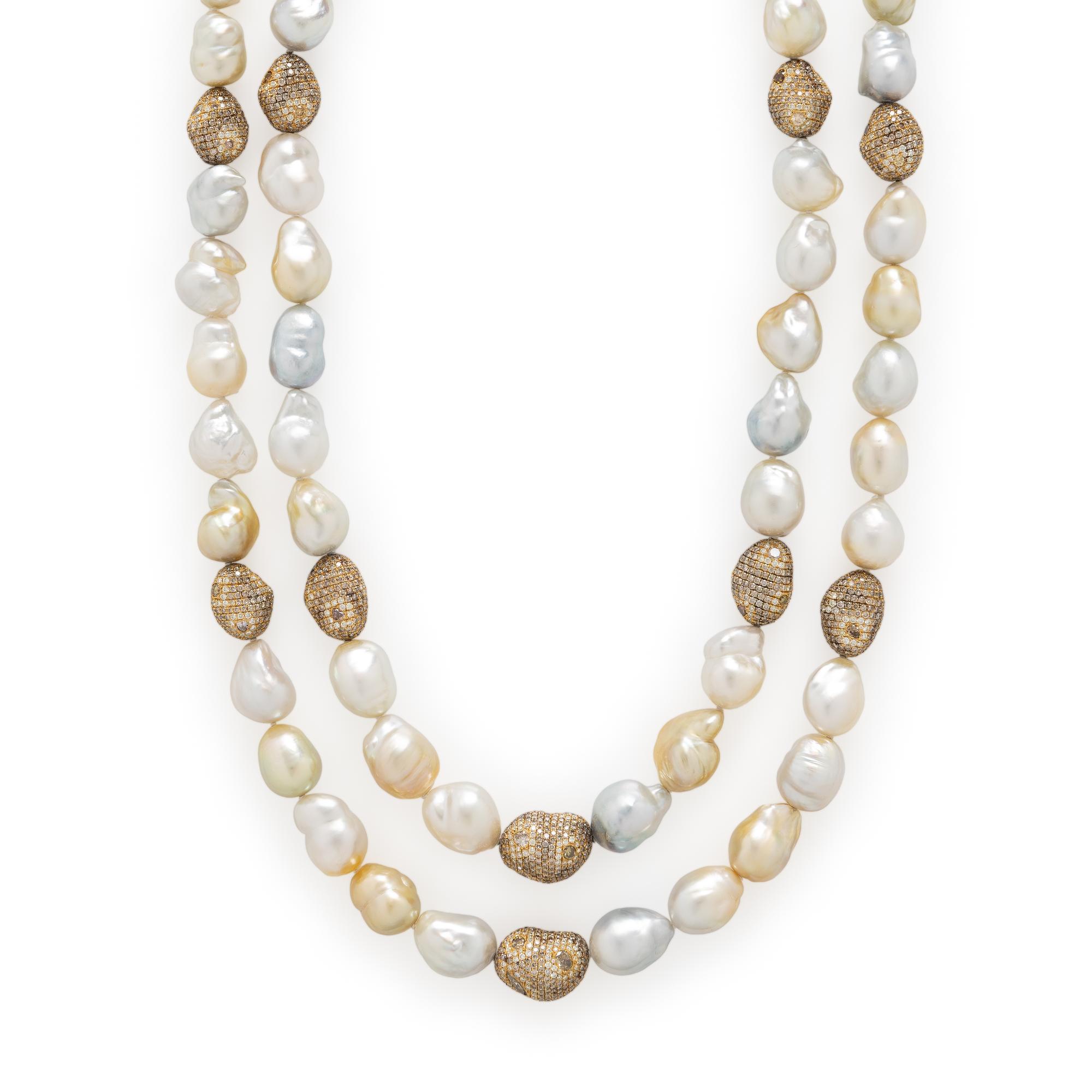 Two Baroque Cultured Pearl, Colored Diamond, and Yellow Gold Necklaces