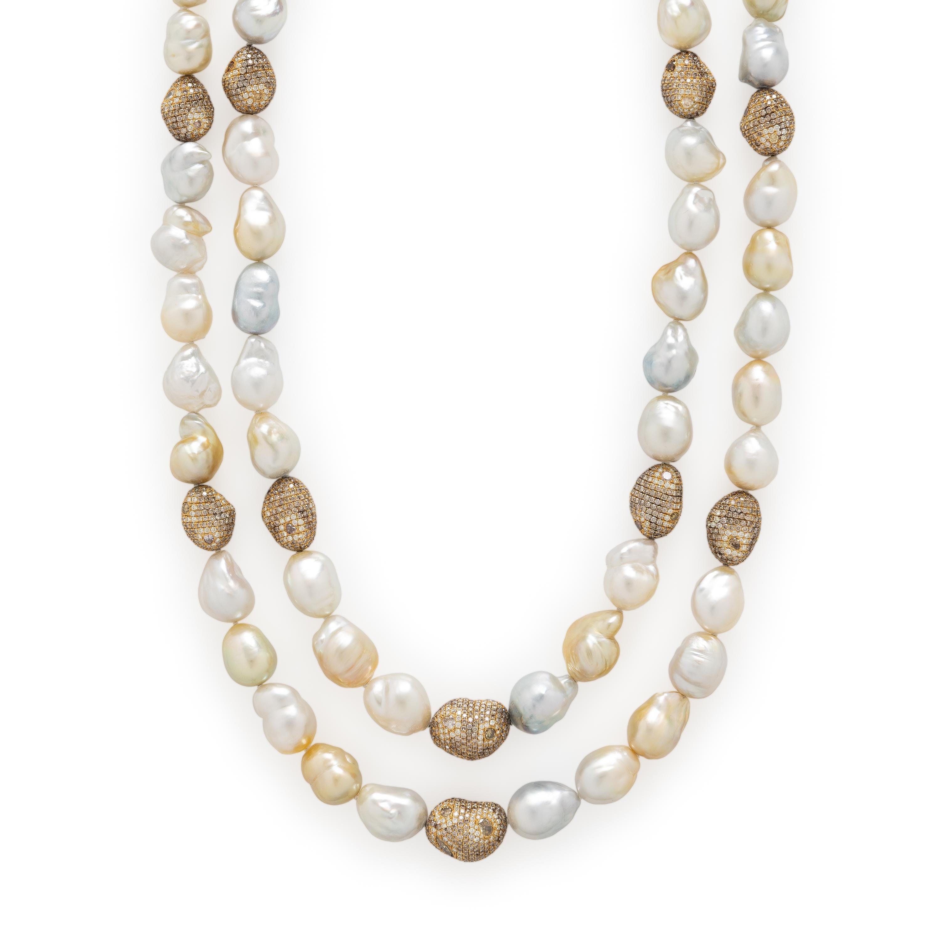 Two Baroque Cultured Pearl, Colored Diamond, and Yellow Gold Necklaces