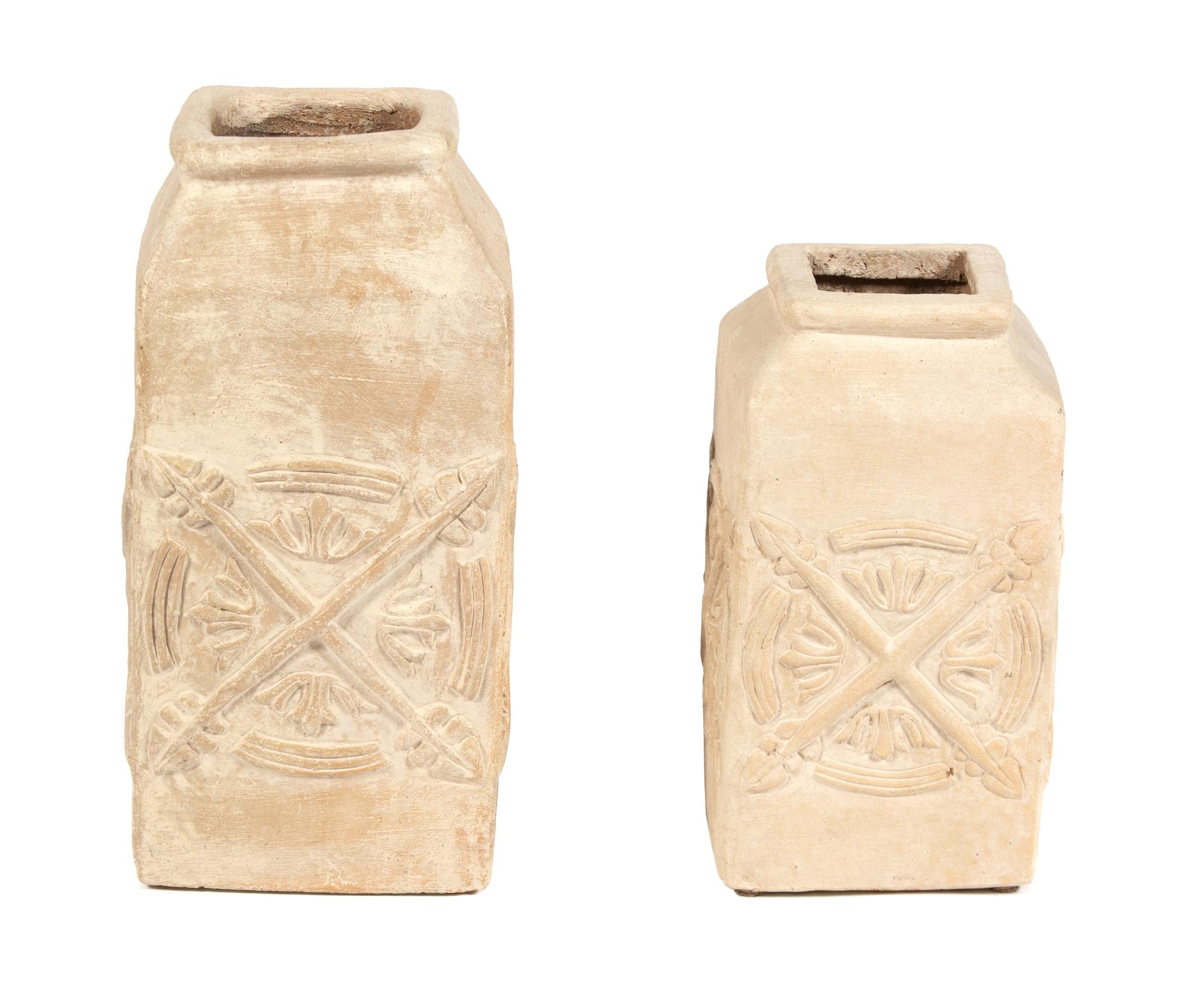 Two Contemporary Squared-form Terra Cotta Vases Height of taller 18 inches; smaller 15 inches. — 20TH CENTURY