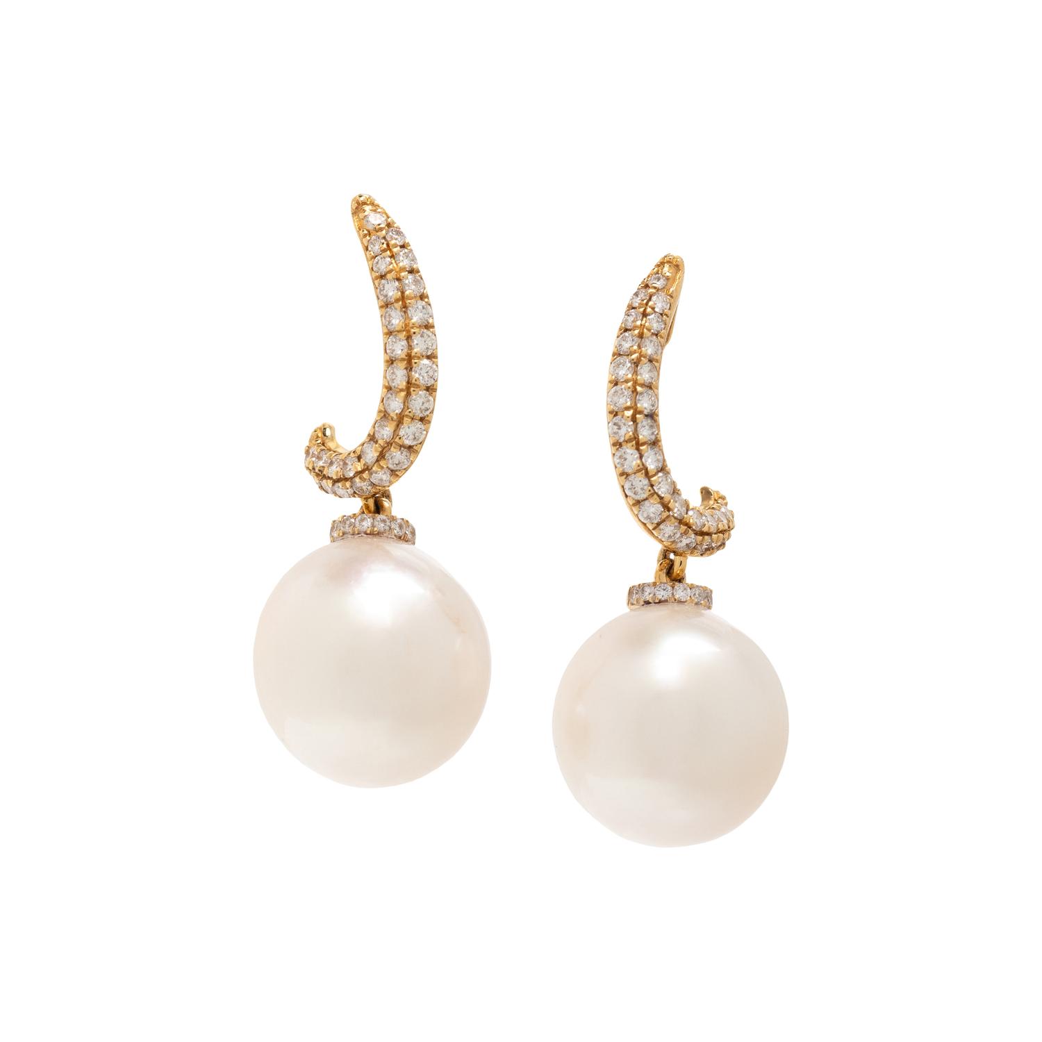 SOUTH SEA CULTURED PEARL, DIAMOND, AND YELLOW GOLD EARRINGS