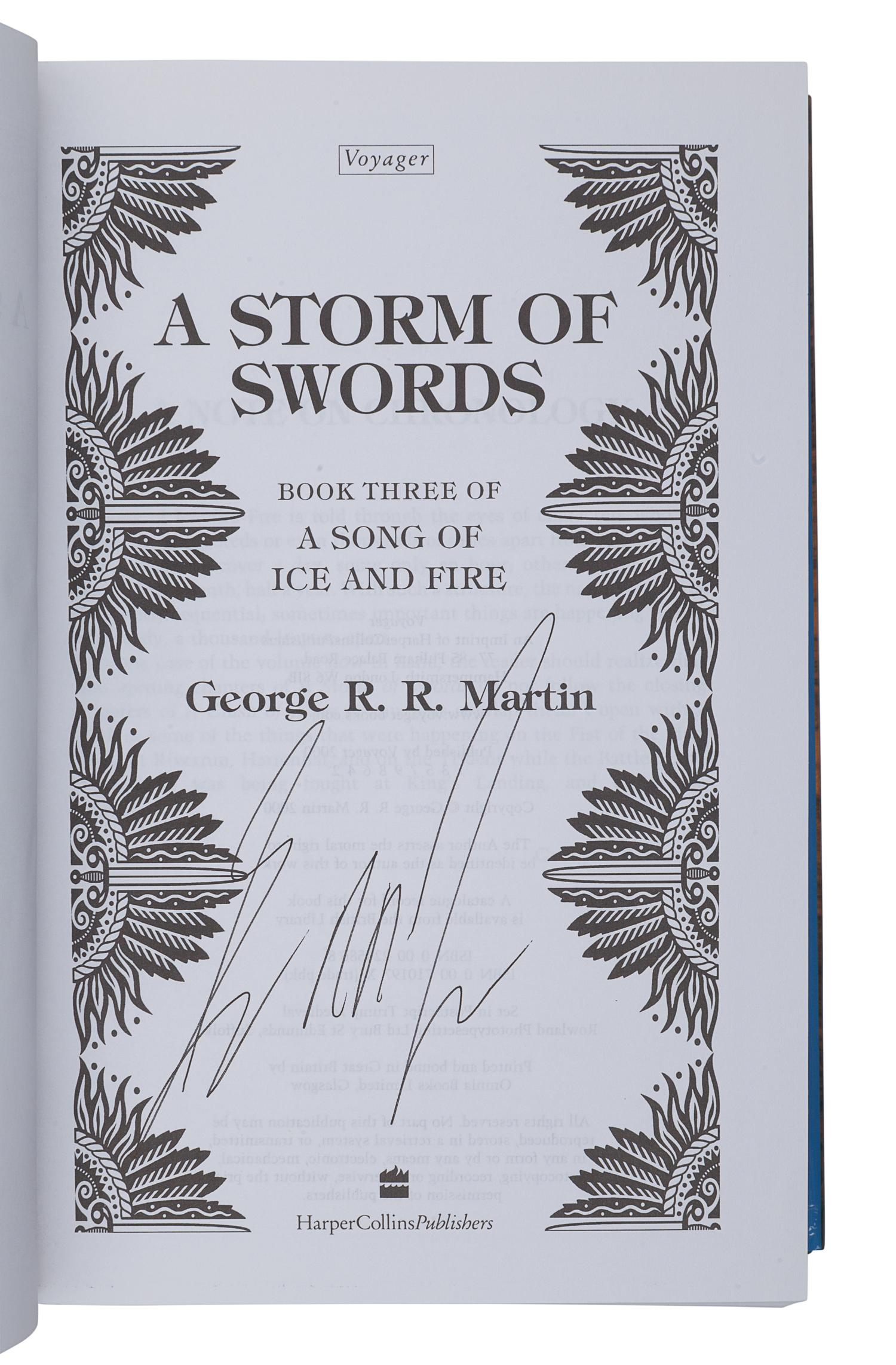MARTIN, George R. R. (b. 1948). [A Song of Ice and Fire series:] A Game of Thrones -- A Clash of Kings -- A Storm of Swords -- A Feast for Crows . London: Voyager, Harper Collins, 1996, 1998, 2000, 2005.