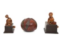 Two Japanese Carved Wood Kobi Ningyo Automatons and a Silver Mounted Gourd