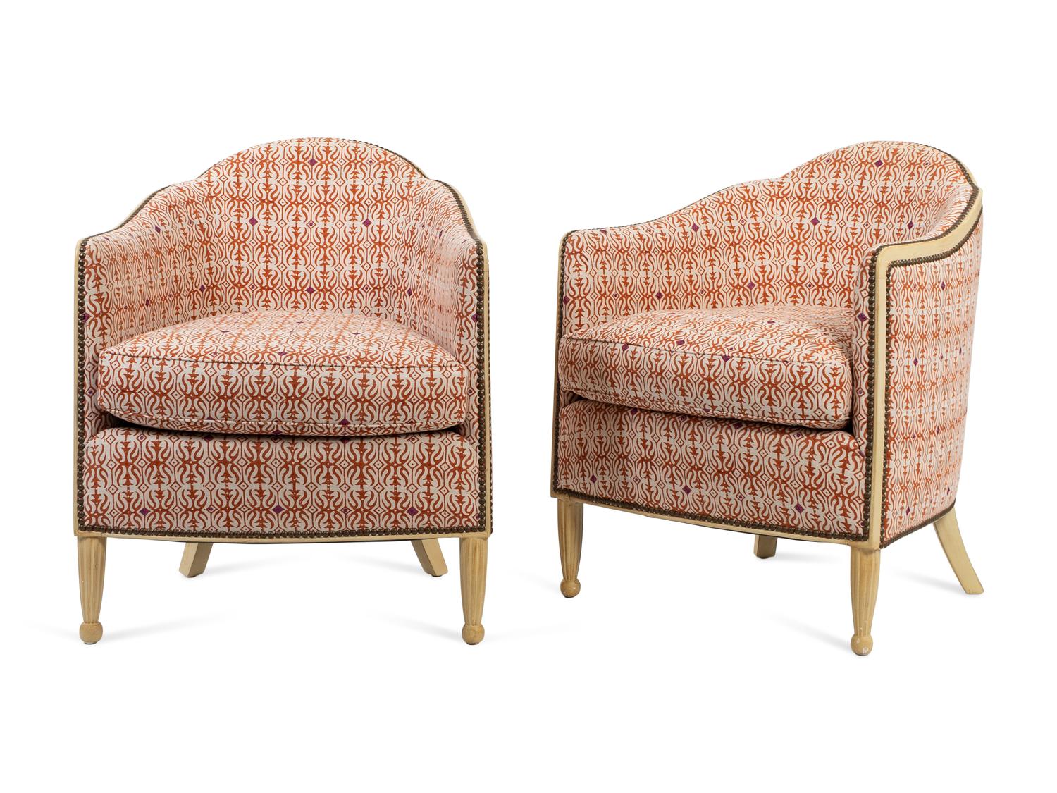 A Pair of Louis XVI Style White-Painted Upholstered Bergeres