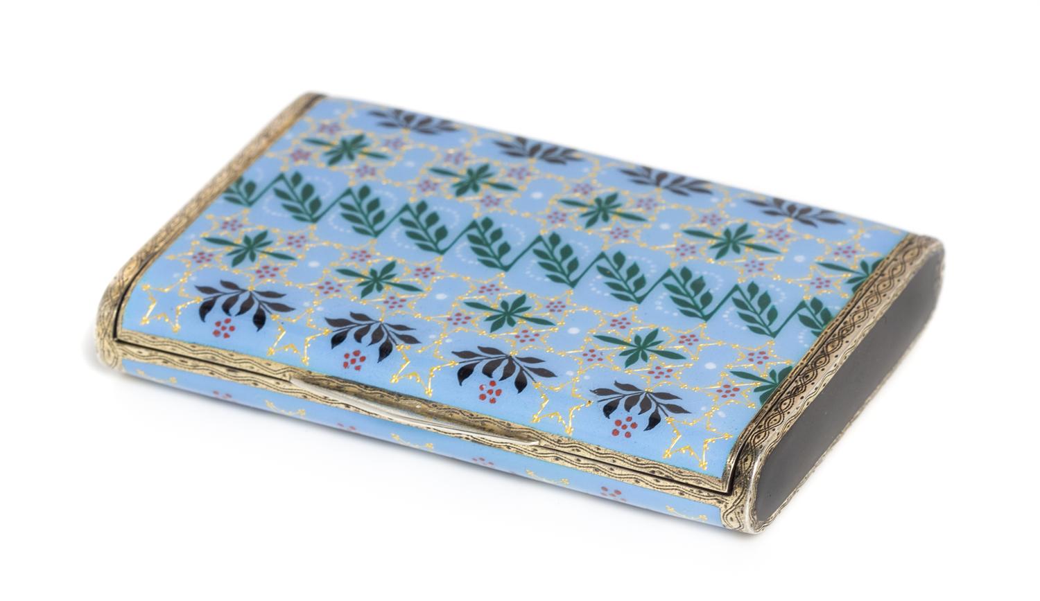 A Continental Silver and Enamel Cigarette Case, Maker's Mark Obscured, the case having a light-blue enamel ground with repeating bands