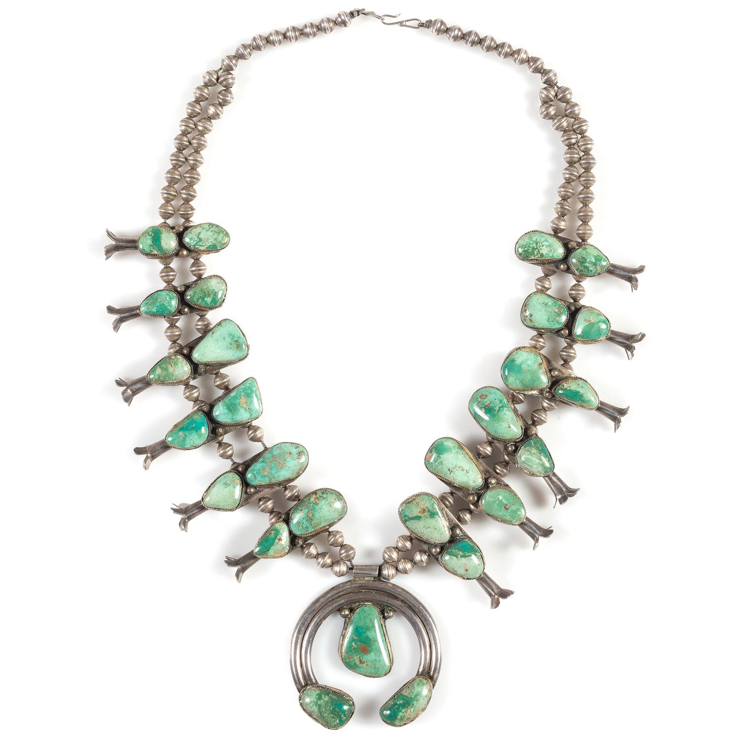 Navajo Silver and Turquoise Squash Blossom Necklace