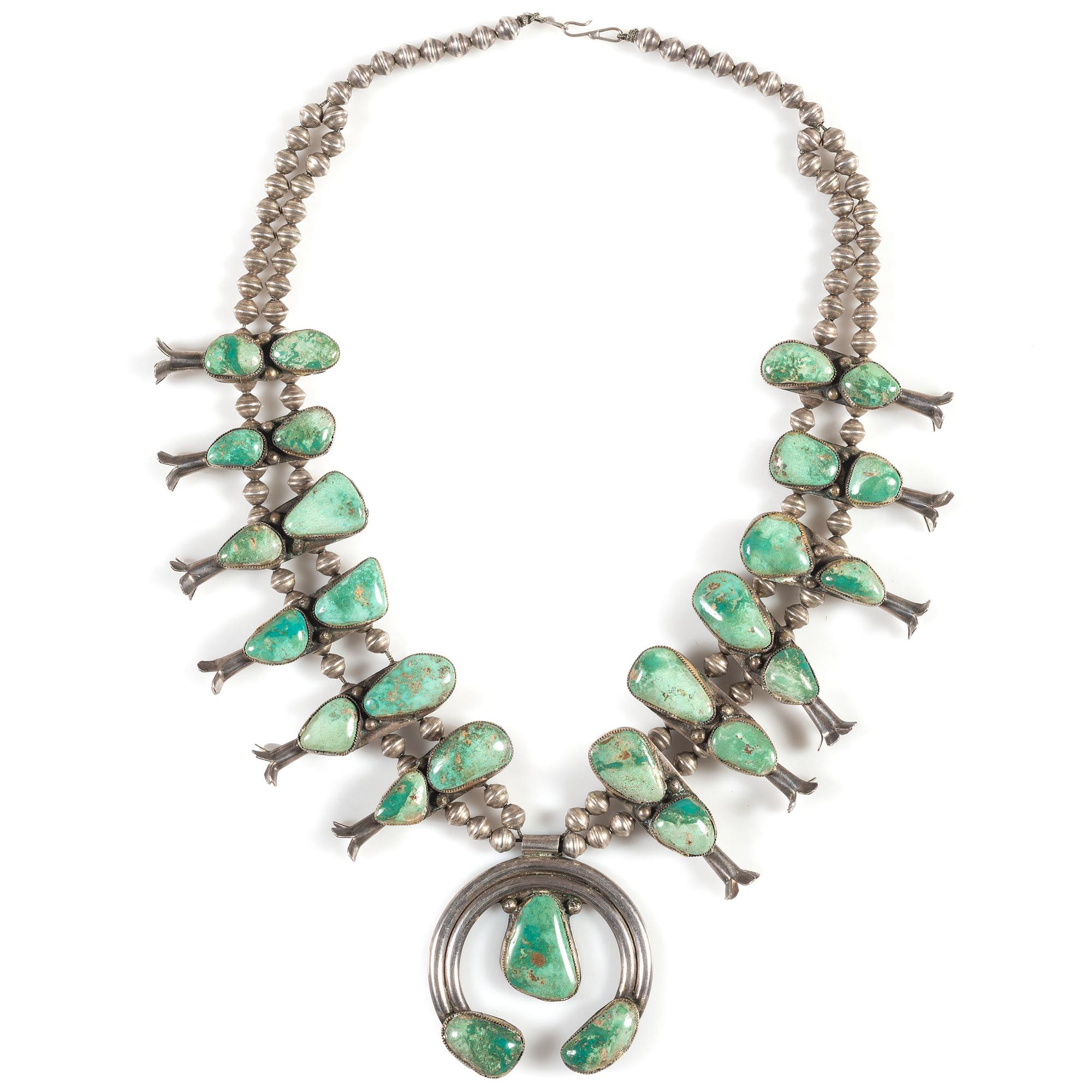 Navajo Silver and Turquoise Squash Blossom Necklace