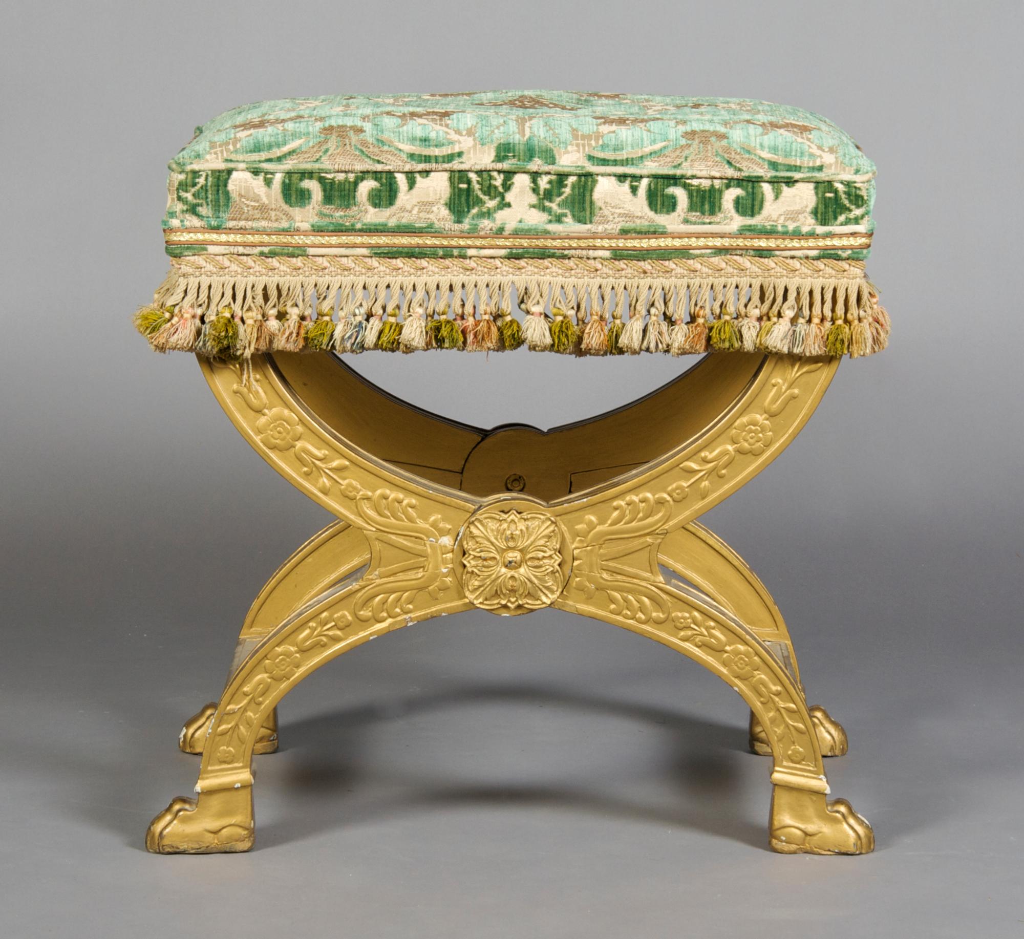 A Neoclassical Curule Form Giltwood Bench, Height 22 1/2 inches.