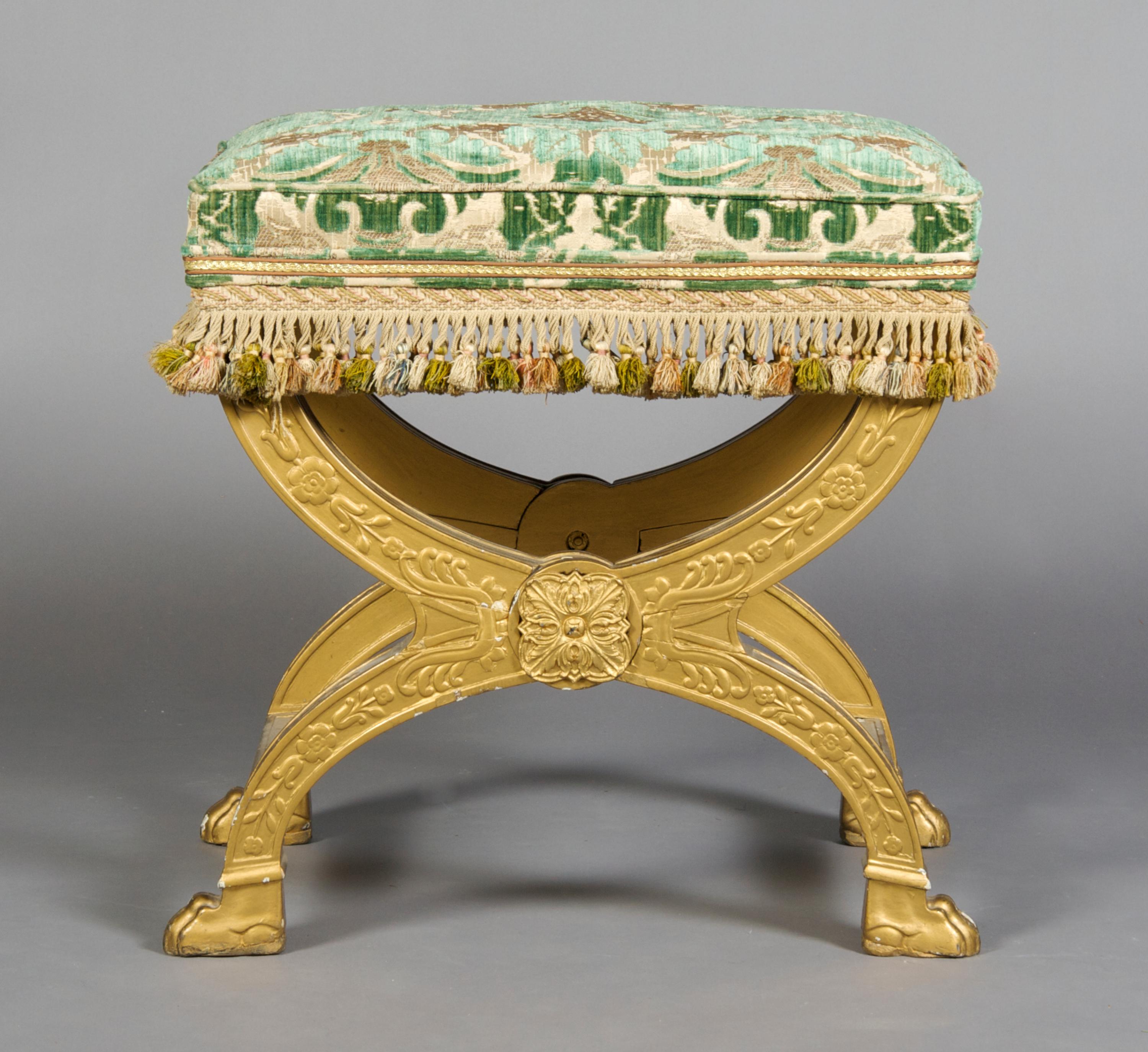 A Neoclassical Curule Form Giltwood Bench, Height 22 1/2 inches.