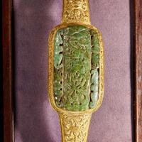 A Chinese jadeite mounted gilt bronze ruyi scepter and wood stand 銅鎏金嵌翡翠如意及木底座