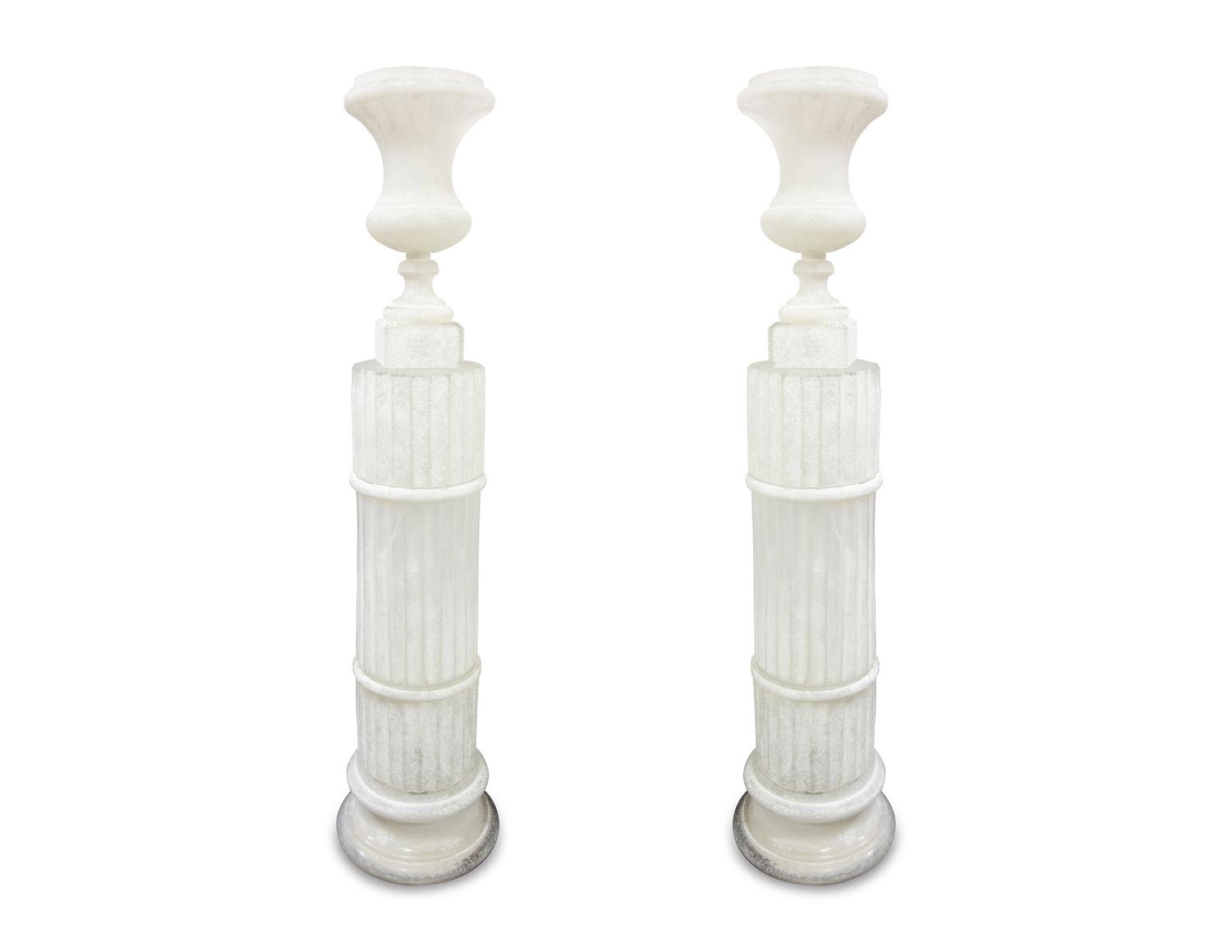 A Pair of Italian Frosted Glass Floor Lamps Modeled as Urns on Pedestals