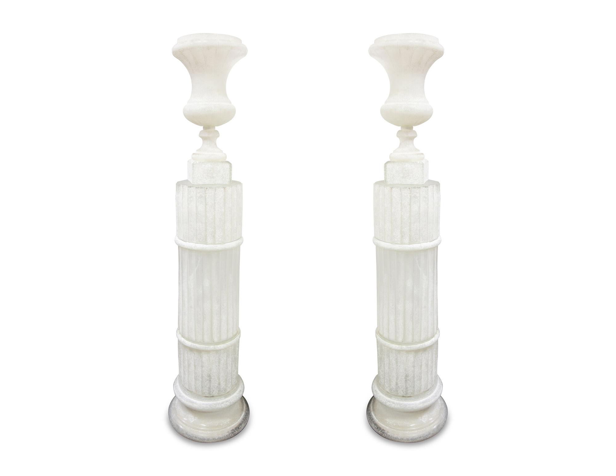 A Pair of Italian Frosted Glass Floor Lamps Modeled as Urns on Pedestals