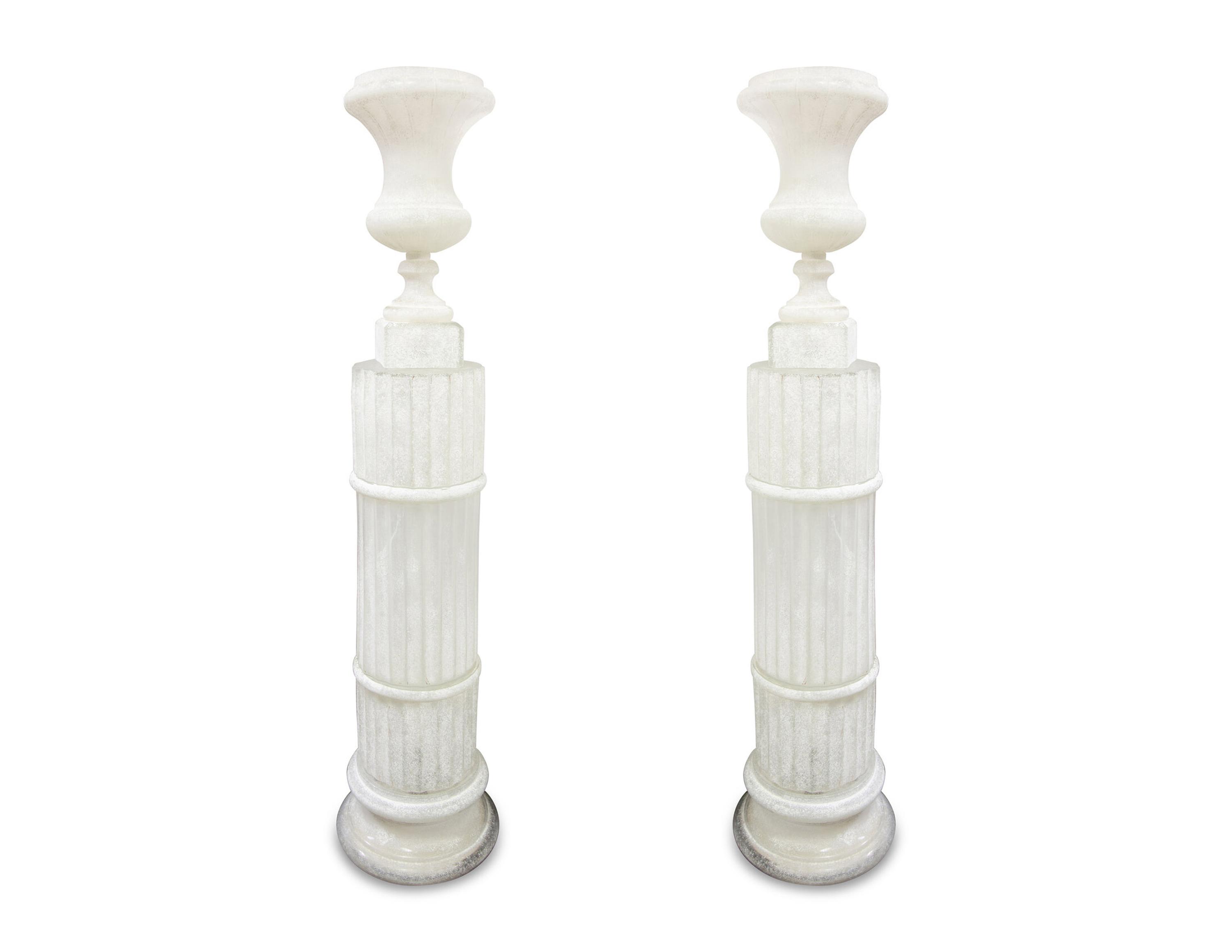 A Pair of Italian Frosted Glass Floor Lamps Modeled as Urns on Pedestals