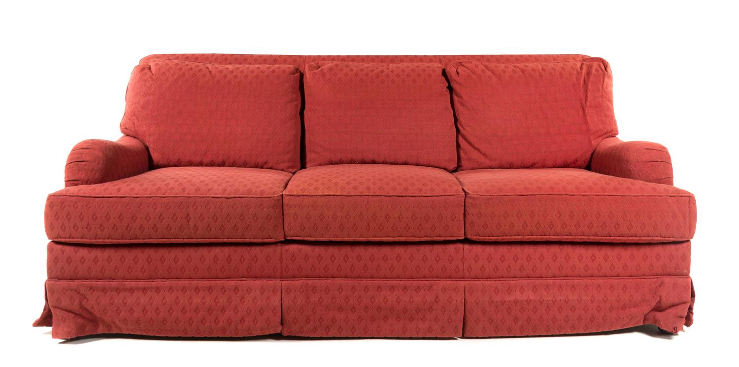 A Modern Upholstered Three-Seat Sofa Height 38 x width 83 x depth 42 inches.