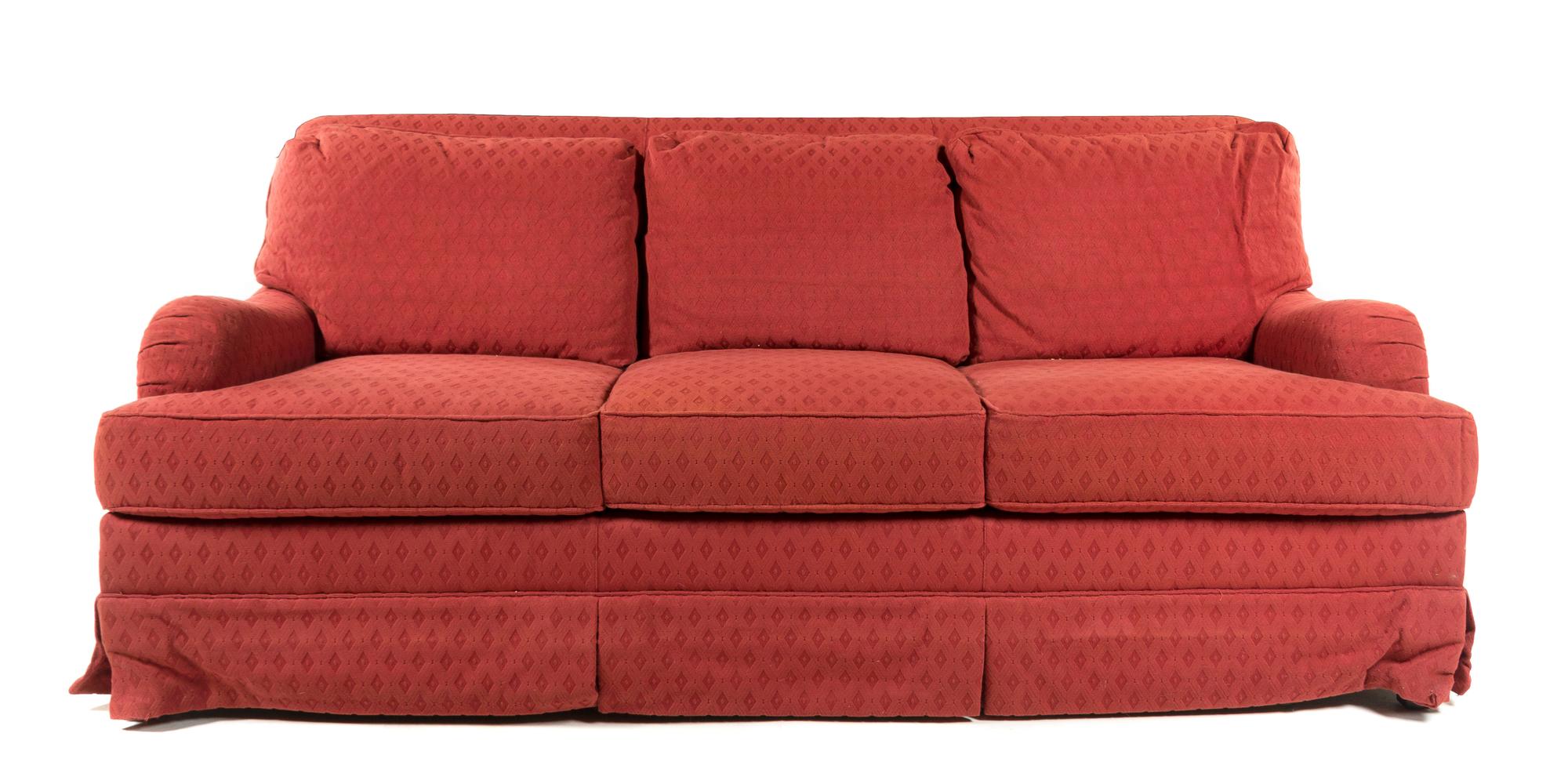 A Modern Upholstered Three-Seat Sofa Height 38 x width 83 x depth 42 inches.