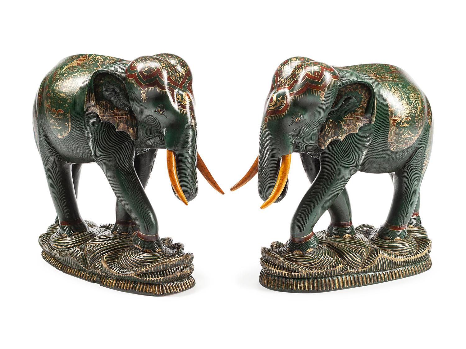 A Pair of Anglo-Colonial Style Painted Elephants