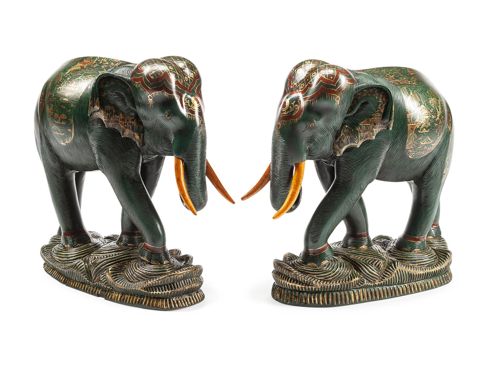 A Pair of Anglo-Colonial Style Painted Elephants