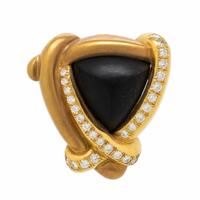 Marlene Stowe, Onyx, Diamond, and Yellow Gold Pendant Brooch and Earrings