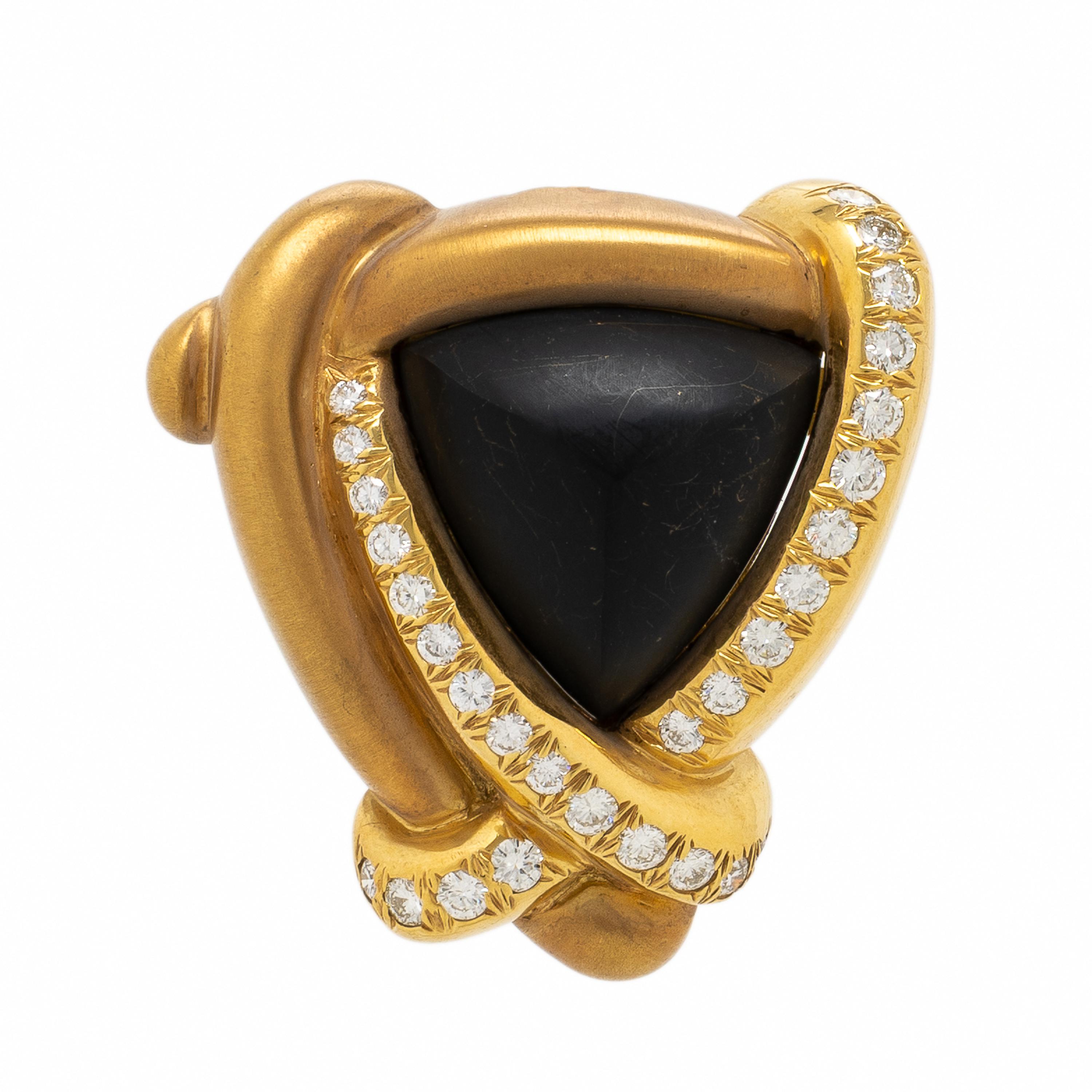 Marlene Stowe, Onyx, Diamond, and Yellow Gold Pendant Brooch and Earrings