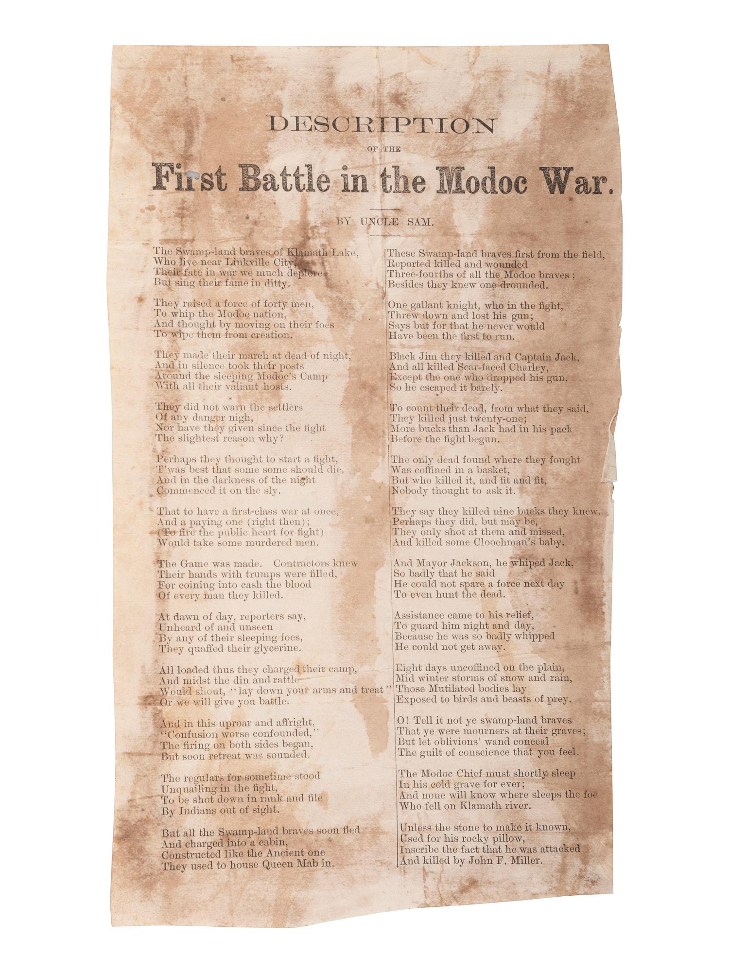 [INDIAN WARS]. Description of the First Battle in the Modoc War. N.p., ca 1872.
