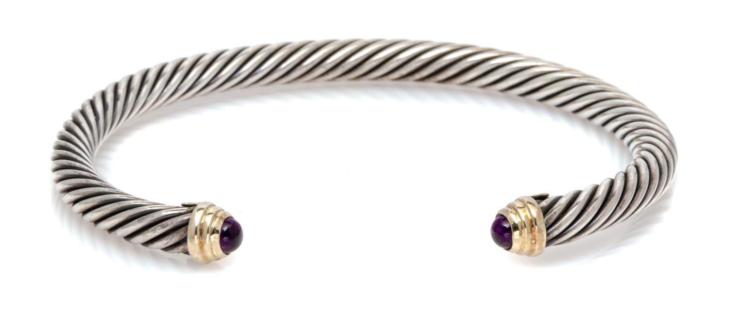 A Sterling Silver, 14 Karat Yellow Gold and Amethyst 'Cable Classics' Bangle Bracelet, David Yurman, 17.40 dwts.