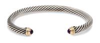 A Sterling Silver, 14 Karat Yellow Gold and Amethyst 'Cable Classics' Bangle Bracelet, David Yurman, 17.40 dwts.