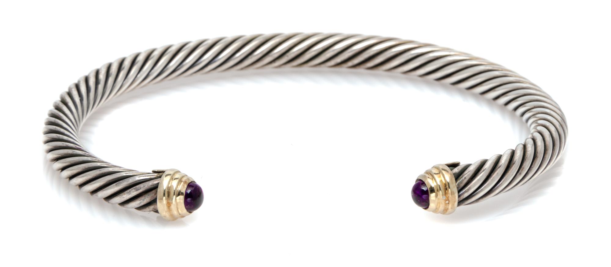 A Sterling Silver, 14 Karat Yellow Gold and Amethyst 'Cable Classics' Bangle Bracelet, David Yurman, 17.40 dwts.
