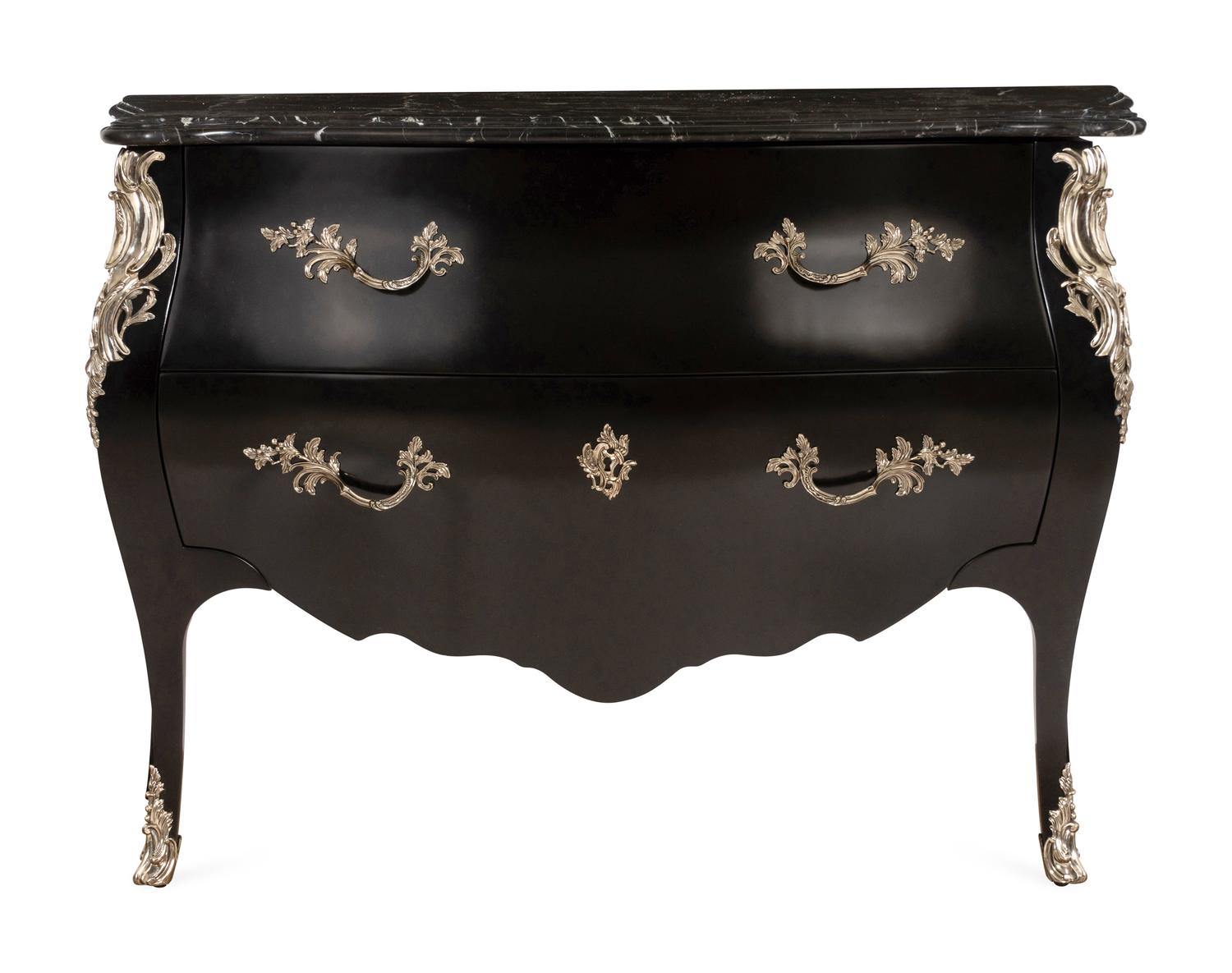 A Pair of Ralph Lauren Silvered Bronze-Mounted Marble-Top Ebonized Commodes