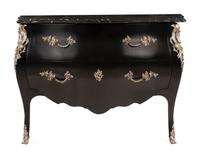 A Pair of Ralph Lauren Silvered Bronze-Mounted Marble-Top Ebonized Commodes