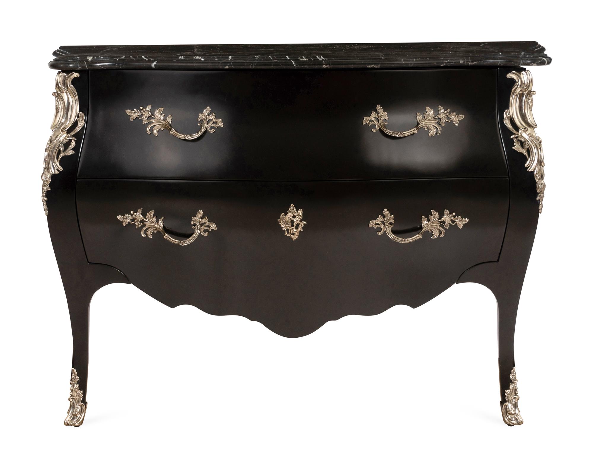 A Pair of Ralph Lauren Silvered Bronze-Mounted Marble-Top Ebonized Commodes