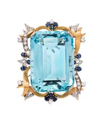A 14 Karat Bicolor Gold Diamond, Aquamarine, and Sapphire Brooch,