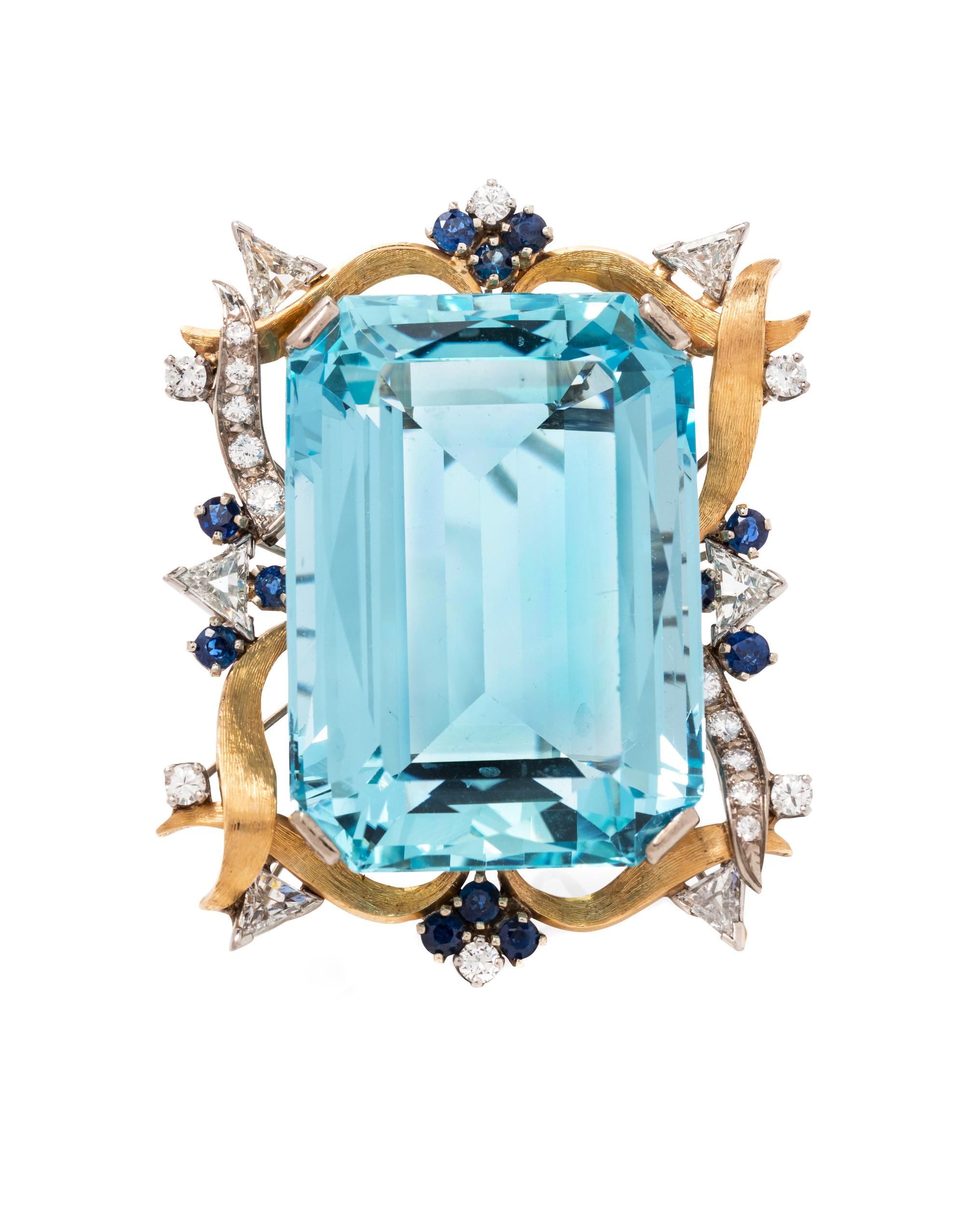 A 14 Karat Bicolor Gold Diamond, Aquamarine, and Sapphire Brooch,