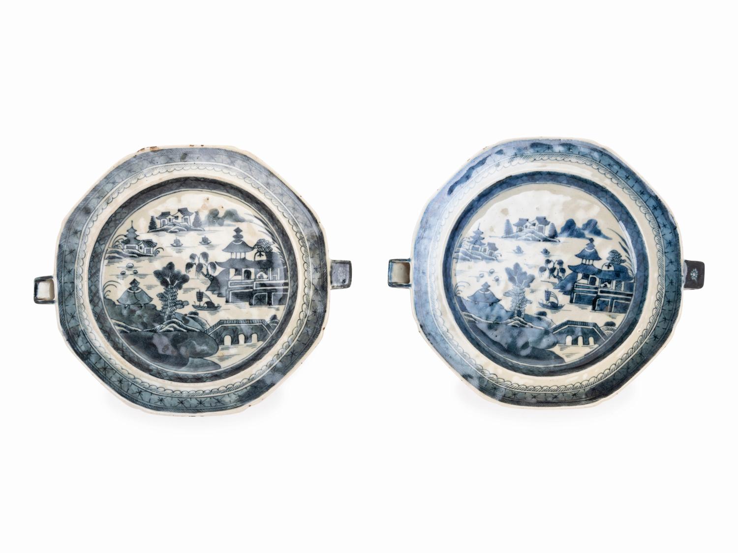 A Pair of Chinese Export Canton Blue and White Porcelain Warming Dishes