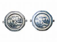 A Pair of Chinese Export Canton Blue and White Porcelain Warming Dishes