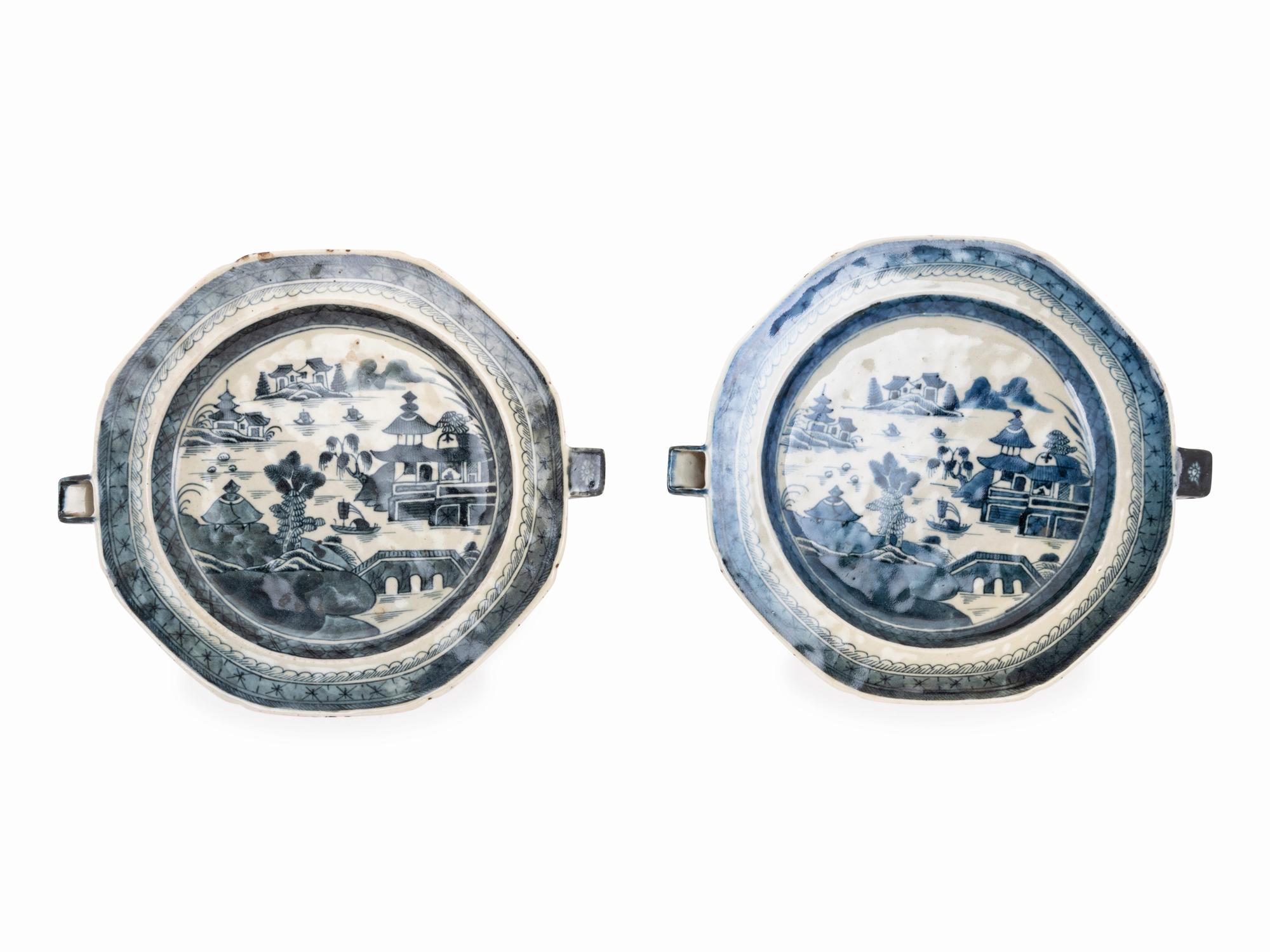 A Pair of Chinese Export Canton Blue and White Porcelain Warming Dishes