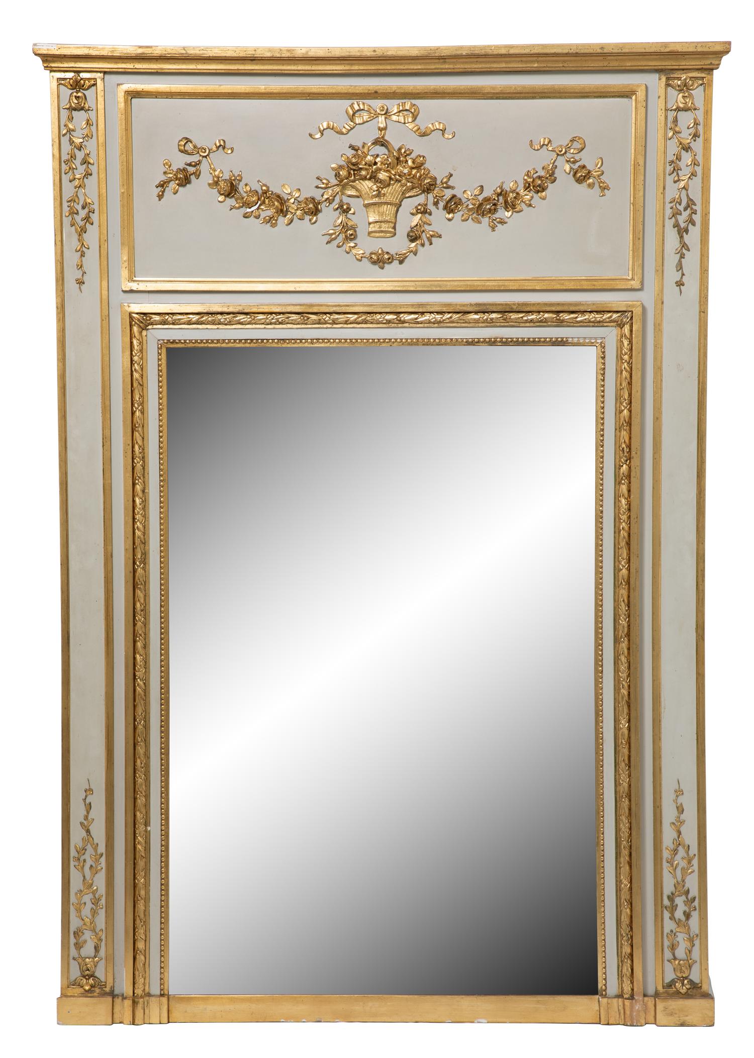 A Louis XVI Style Painted and Parcel Gilt Trumeau Mirror Height 57 x width 40 inches. — 19TH CENTURY