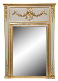 A Louis XVI Style Painted and Parcel Gilt Trumeau Mirror Height 57 x width 40 inches. — 19TH CENTURY