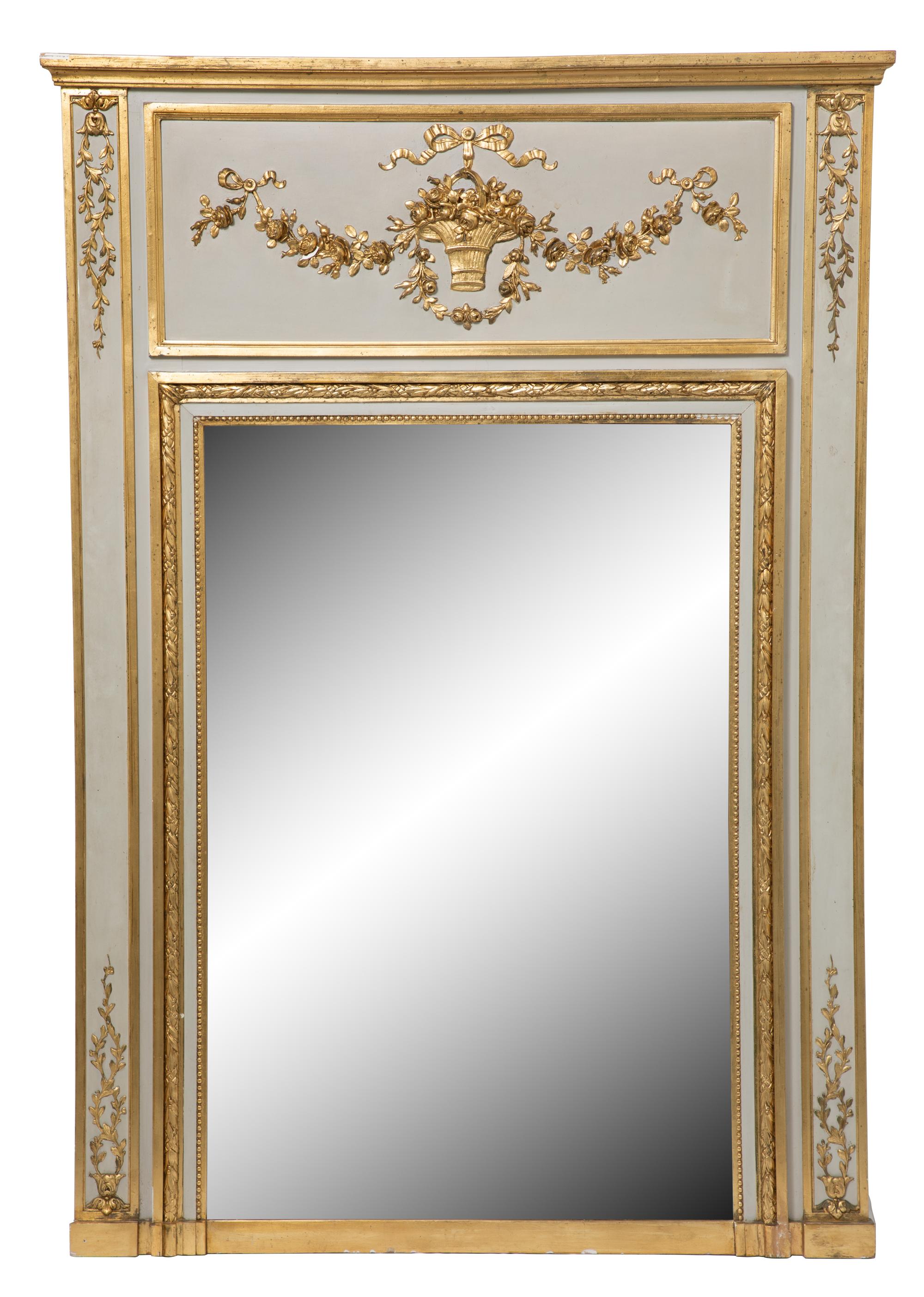 A Louis XVI Style Painted and Parcel Gilt Trumeau Mirror Height 57 x width 40 inches. — 19TH CENTURY