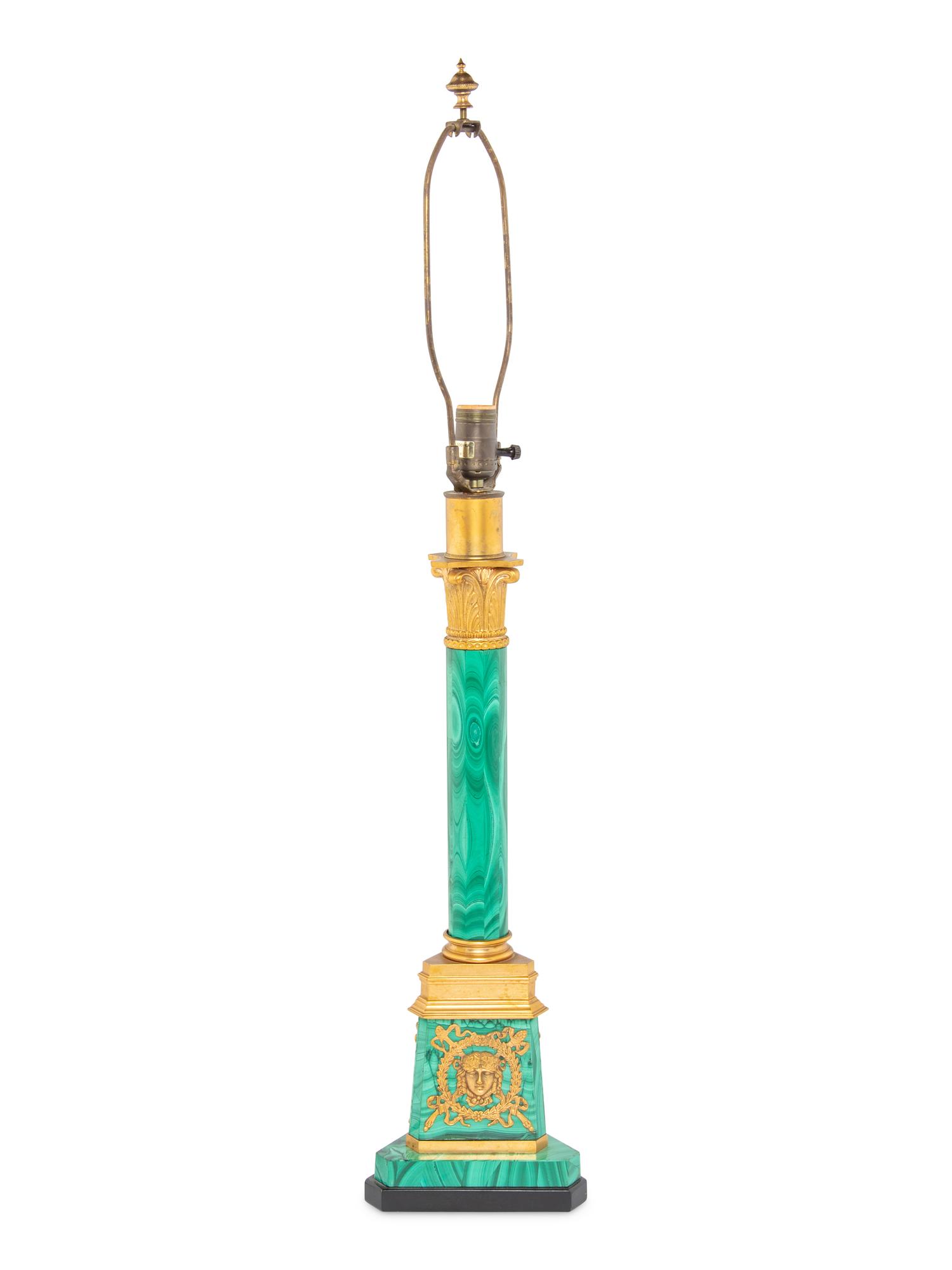 An Empire Style Gilt Bronze Mounted Malachite Table Lamp