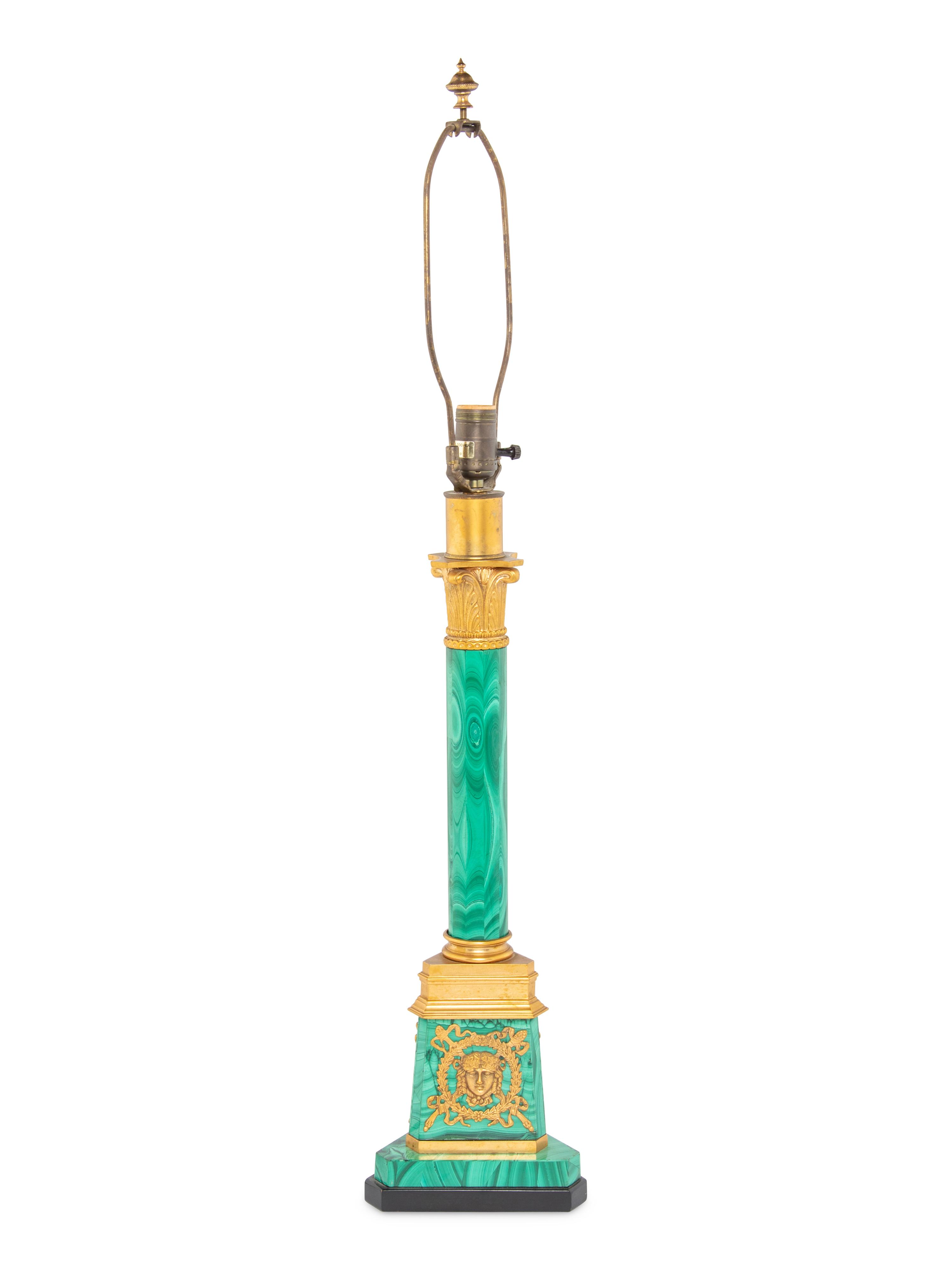 An Empire Style Gilt Bronze Mounted Malachite Table Lamp