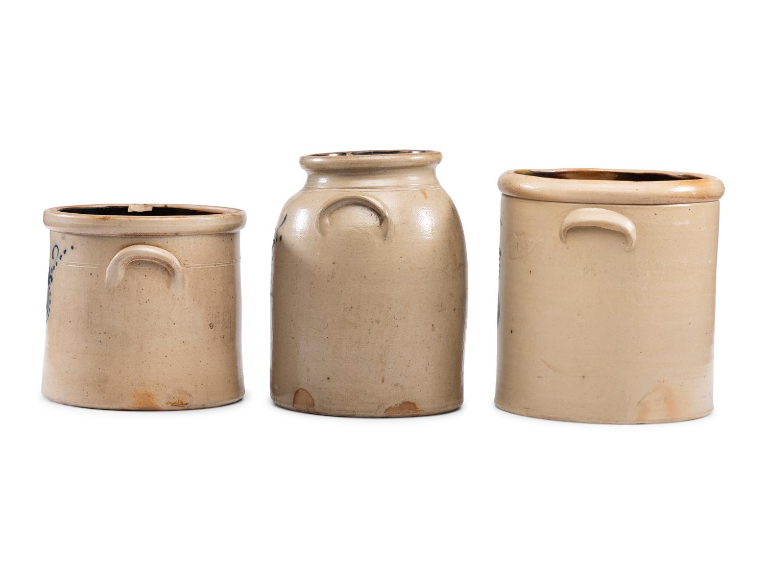 Three Cobalt-Decorated Stoneware Crocks