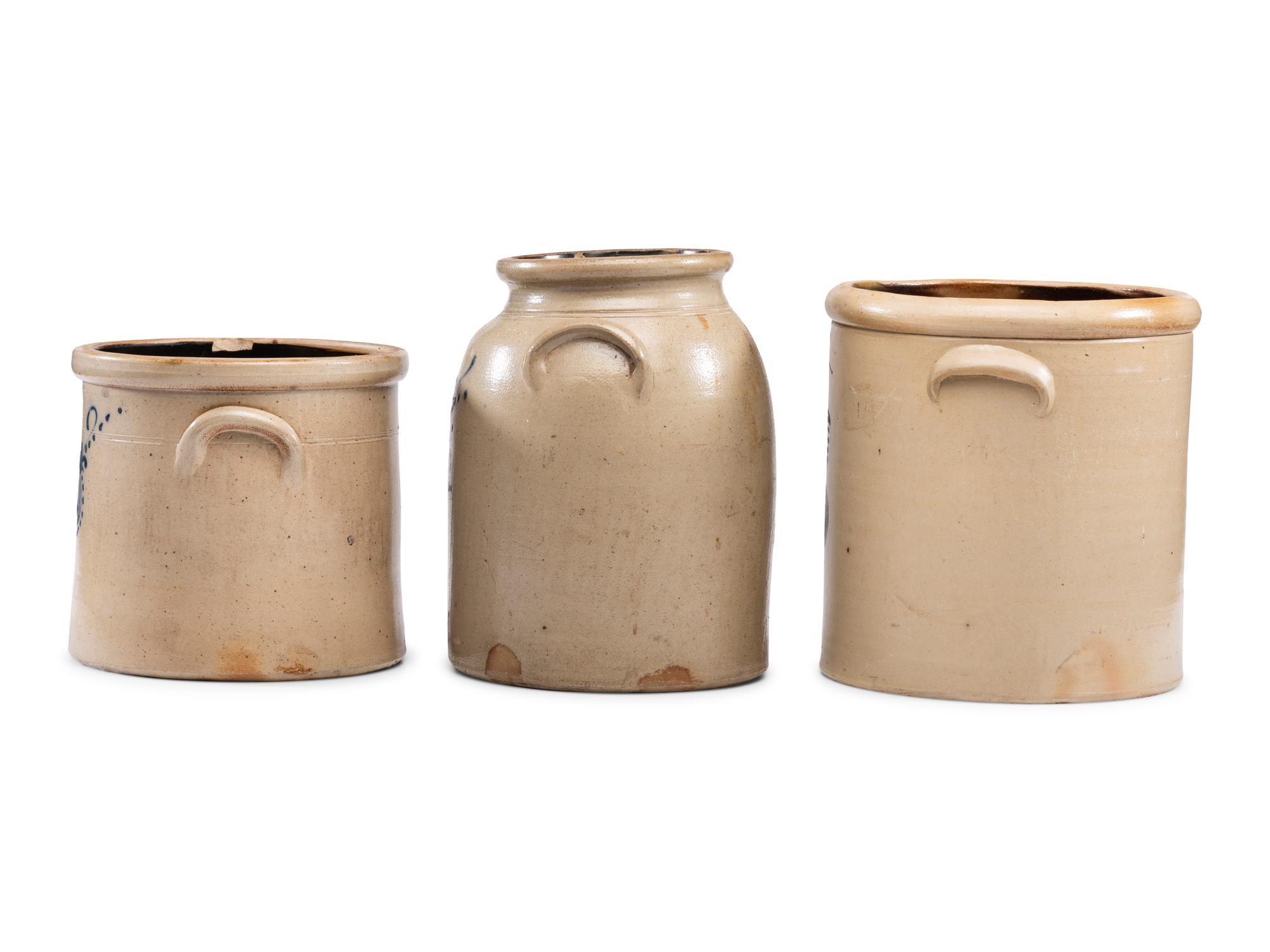 Three Cobalt-Decorated Stoneware Crocks