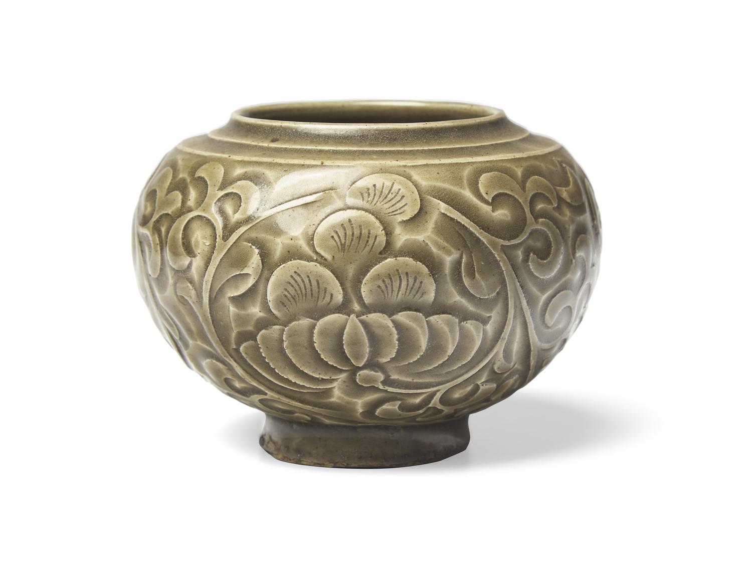 A Small Chinese Yaozhou Style Carved Celadon Jar